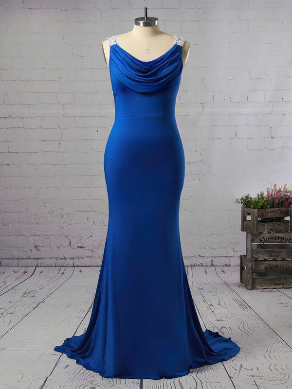 Sheath/Column Cowl Neck Jersey Prom Dress with Crystal Detailing and Sweep Train