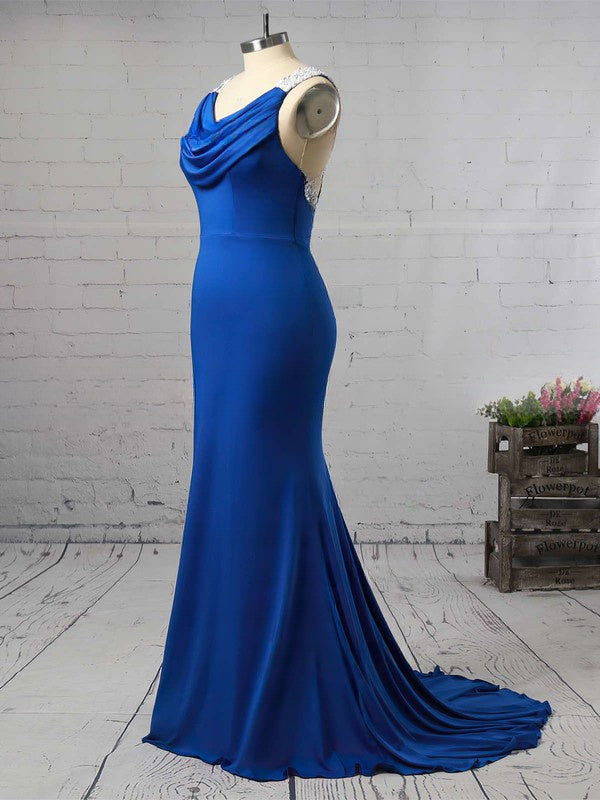 Sheath/Column Cowl Neck Jersey Prom Dress with Crystal Detailing and Sweep Train