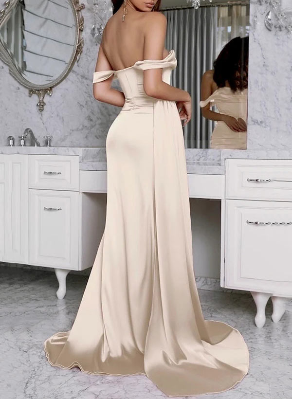 Sheath/Column Cowl Neck Prom Dress With Split Front and Sweep Train Satin-27dress