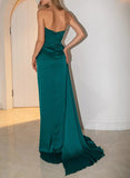 Sheath/Column Cowl Neck Satin Prom Dress with Split Front and Sweep Train-27dress