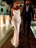 Sheath/Column Cowl Neck Satin Sweep Train Wedding Dress