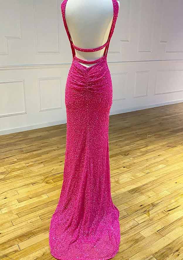 Sheath/Column Halter Sleeveless Sweep Train Velvet Sequins Prom Dress With Split-27dress