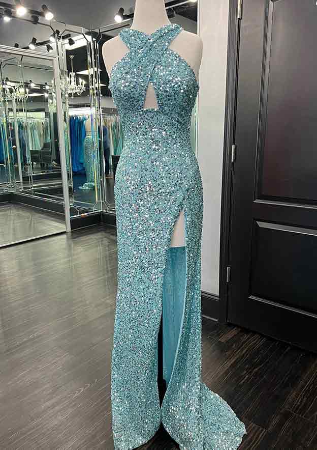 Sheath/Column Halter Sleeveless Sweep Train Velvet Sequins Prom Dress With Split-27dress