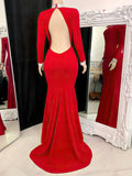 Sheath/Column High Neck Stretch Crepe Prom Dress with Sweep Train and Beading