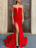 Sheath/Column Prom Dress with Sweep Train & Straight Stretch Crepe Split Front