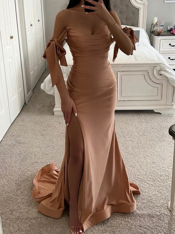 Sheath/Column Prom Dresses with Off-the-shoulder Jersey Ruffles and Sweep Train