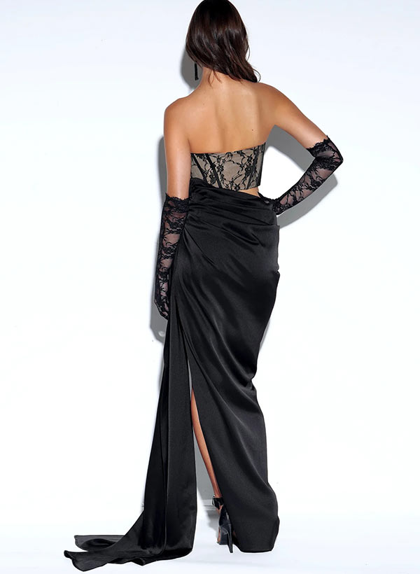 Sheath/Column Satin Prom Dress with Split Front and Strapless Floor-Length Design-27dress