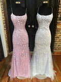 Sheath/Column Scoop Neck Lace Tulle Sweep Train Prom Dress with Appliques