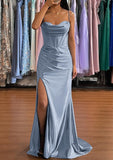 Sheath/Column Sweetheart Sleeveless Prom Dresses with Pleated Split and Sweep Train - Silk like Satin-27dress