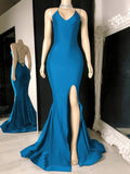 Sheath/Column V-neck Jersey Prom Dresses With Split Front and Sweep Train