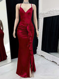 Sheath/Column V-neck Silk-like Satin Floor-length Prom Dresses With Split Front