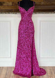 Sheath/Column V Neck Sleeveless Velvet Sequins Prom Dress with Split and Sweep Train-27dress