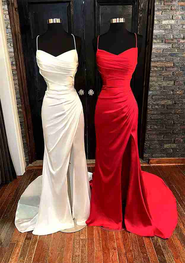 Sheath/Column V Neck Spaghetti Strap Satin Prom Dress with Pleated Split and Sweep Train-27dress