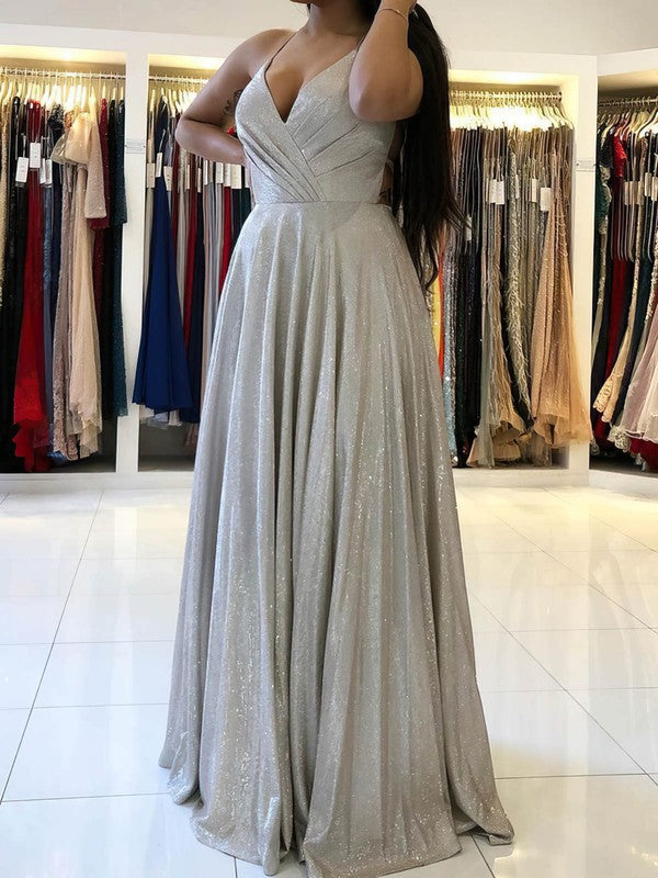 Shimmer Crepe A-line Floor-length V-neck Ruffles Prom Dresses