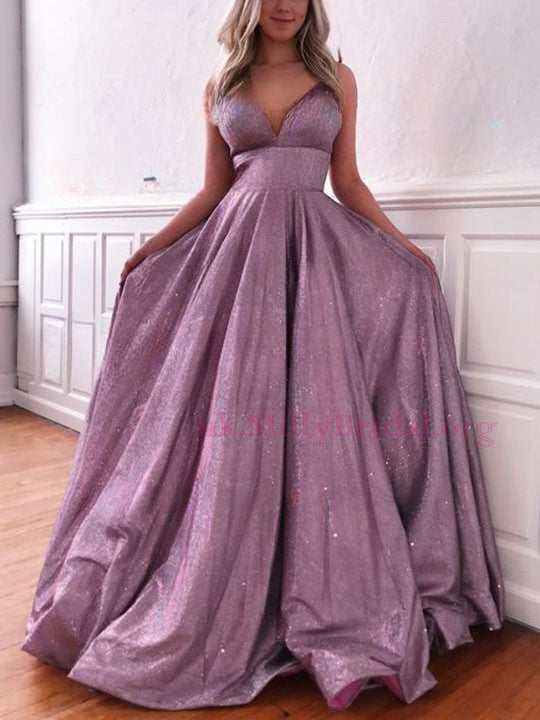 Shimmer Crepe Pockets Prom Dress - Ball Gown/Princess V-neck Floor-length