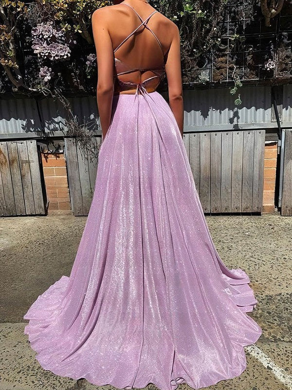 Shimmer Crepe Pockets Prom Dresses with A-line Sweep Train V-neck