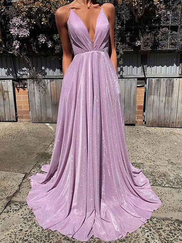 Shimmer Crepe Pockets Prom Dresses with A-line Sweep Train V-neck