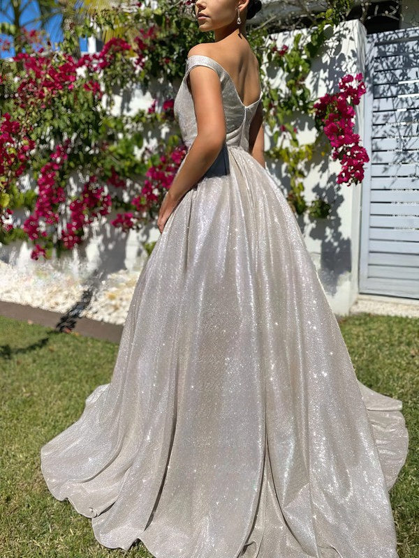 Shimmer Crepe Sweep Train Prom Dresses with Off-the-shoulder Ball Gown Design