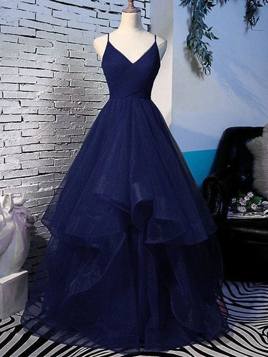 Shiny Dark Navy Long A-line V Neck Fluffy Tulle Prom Formal Evening Dresses-27Dress