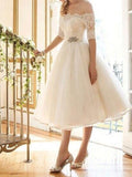 Short A-Line Off Shoulder Lace Tulle Wedding Dresses with Sleeves-27Dress