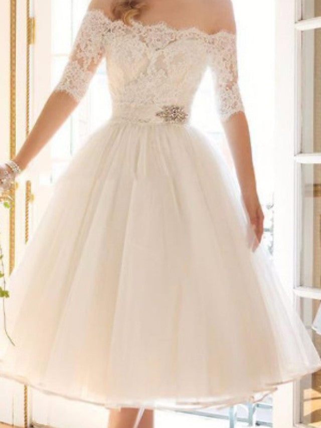 Short A-Line Off Shoulder Lace Tulle Wedding Dresses with Sleeves-27Dress