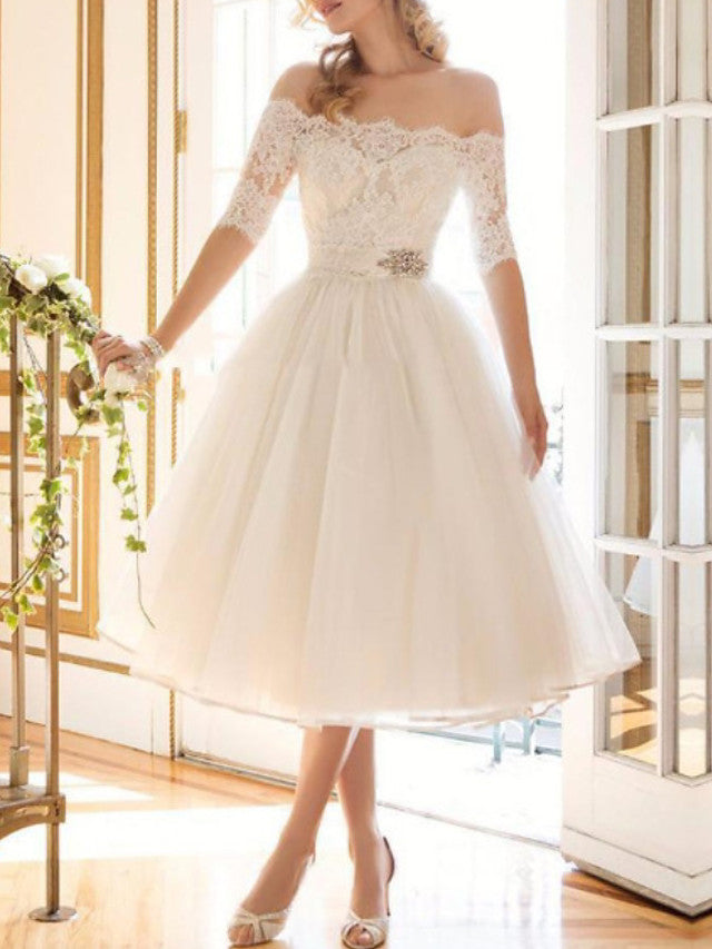 Short A-Line Off Shoulder Lace Tulle Wedding Dresses with Sleeves-27Dress