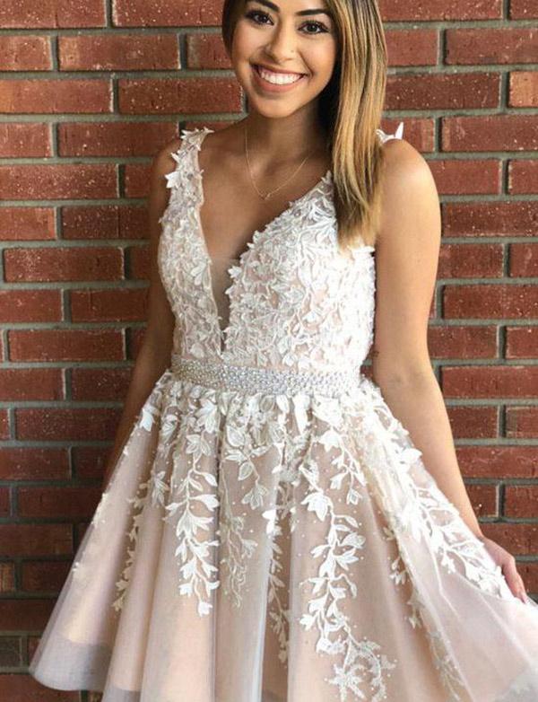 Short A-line V-neck Lace Tulle Homecoming Dress-27Dress