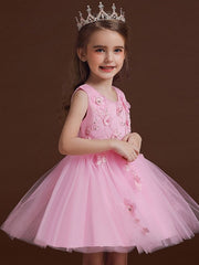 Short Ball Gown Jewel Neck Tulle Satin Chiffon Wedding Party Flower Girl Dresses-27dress