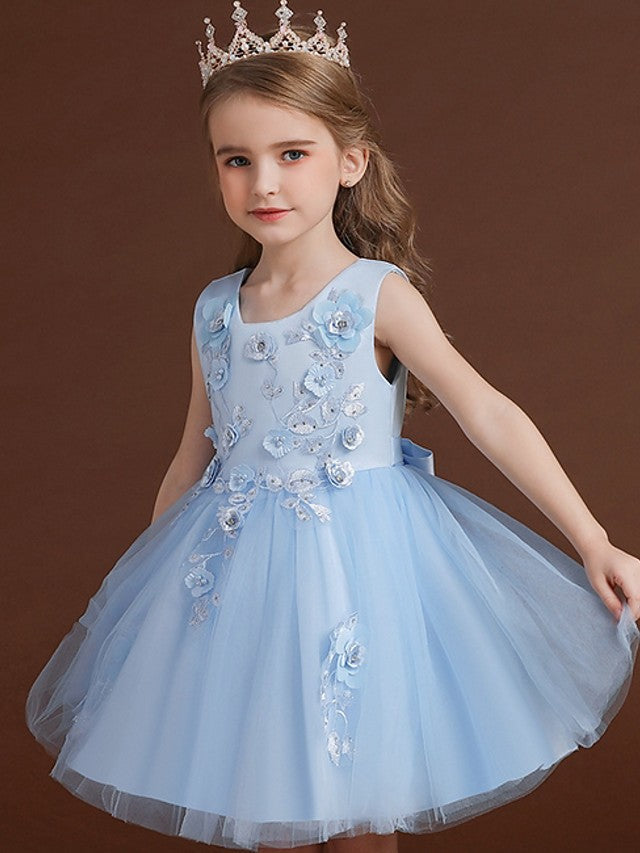 Short Ball Gown Jewel Neck Tulle Satin Chiffon Wedding Party Flower Girl Dresses-27dress