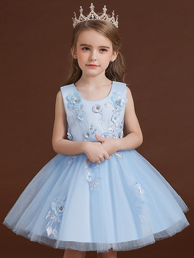 Short Ball Gown Jewel Neck Tulle Satin Chiffon Wedding Party Flower Girl Dresses-27dress