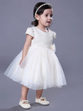 Short Ball Gown Lace Jewel Neck Wedding Event Party Flower Girl Dresses with Sleeves-27dress