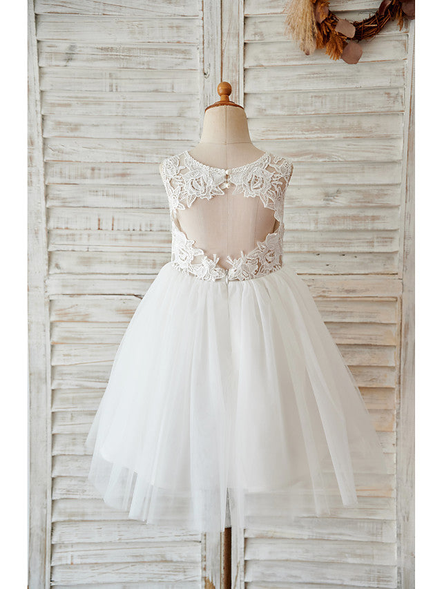 Short Ball Gown Tulle Jewel Neck Lace Wedding Birthday Flower Girl Dresses-27Dress