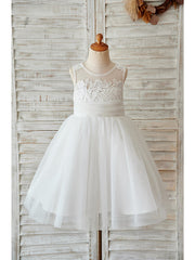 Short Ball Gown Tulle Jewel Neck Lace Wedding Birthday Flower Girl Dresses-27Dress