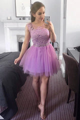 Short Lilac A-line Homecoming Dress with Lace Top-27dress