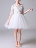 Short Princess Polyester Jewel Neck First Communion Flower Girl Dresses with Sleeves-27dress