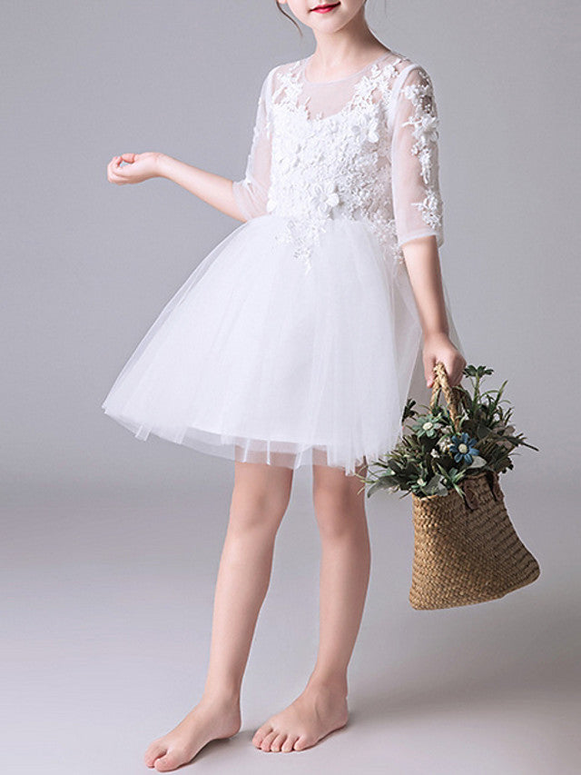 Short Princess Polyester Jewel Neck First Communion Flower Girl Dresses with Sleeves-27dress