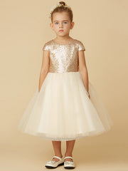 Short Princess Tulle Sequined Jewel Neck Pageant Flower Girl Dresses with Sleeves-27dress