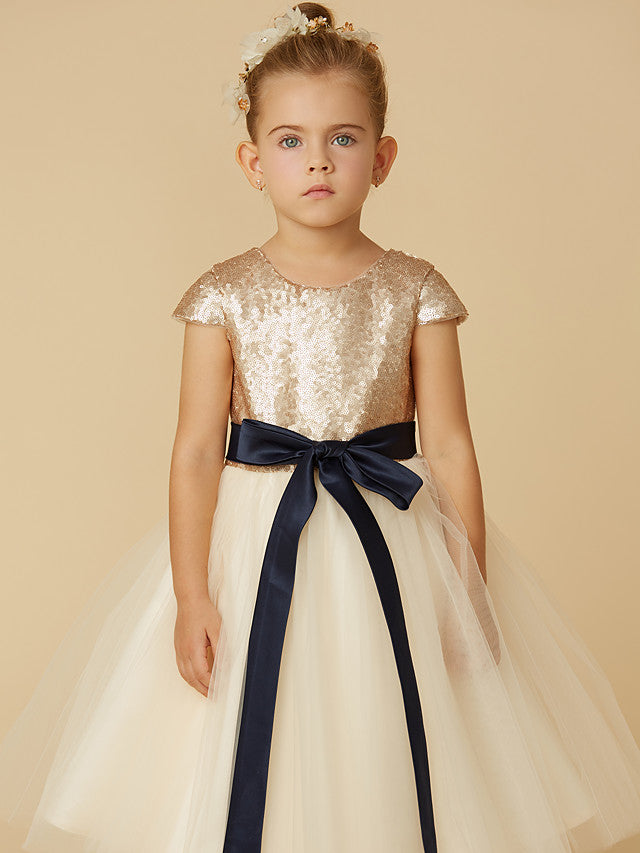 Short Princess Tulle Sequined Jewel Neck Pageant Flower Girl Dresses with Sleeves-27dress