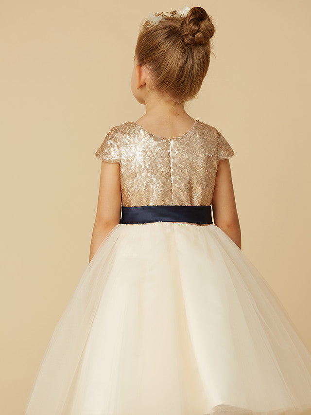 Short Princess Tulle Sequined Jewel Neck Pageant Flower Girl Dresses with Sleeves-27dress