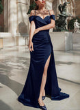 Short Sleeves Prom Dress with Split Front and Sheath/Column Off-the-Shoulder Sweep Train-27dress