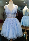 Short/Mini A-line V Neck Lace Homecoming Dress With Appliqued Beading - 27Dress