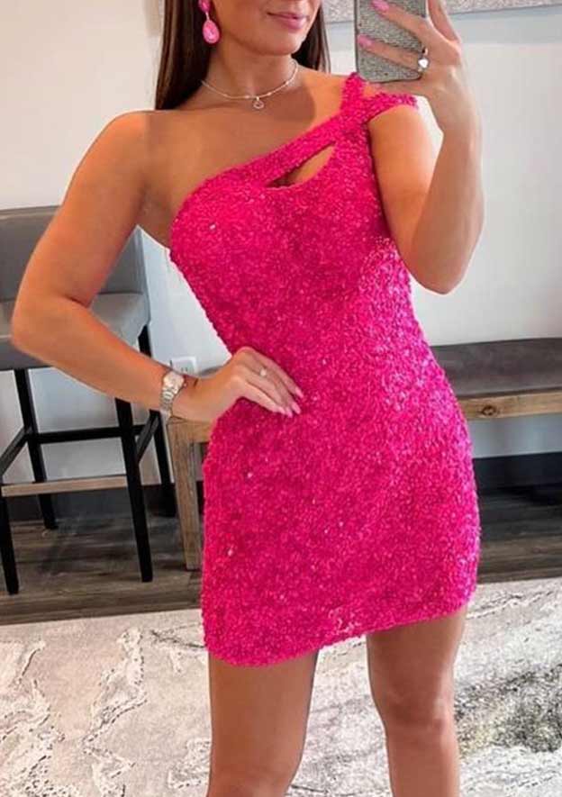 Short/Mini Sequined Velvet One-Shoulder Sleeveless Sheath/Column Homecoming Dress-27dress