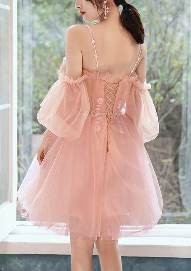 Short/Mini Tulle Homecoming Dress with Beading Pleated A-line Square Neckline Short Sleeve-27dress