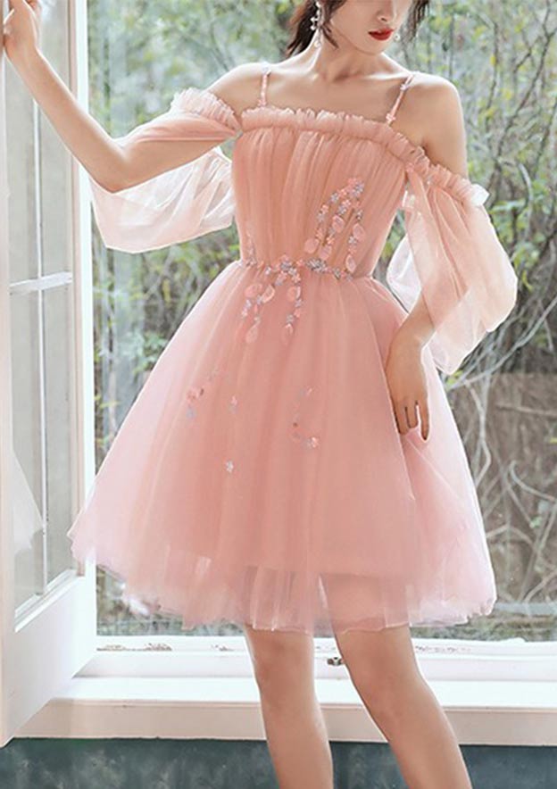 Short/Mini Tulle Homecoming Dress with Beading Pleated A-line Square Neckline Short Sleeve-27dress