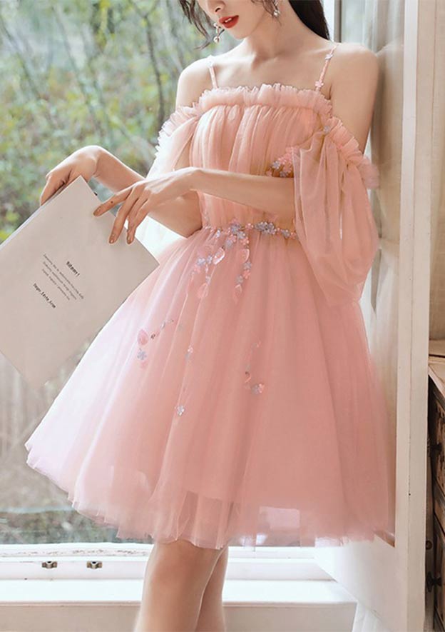 Short/Mini Tulle Homecoming Dress with Beading Pleated A-line Square Neckline Short Sleeve-27dress