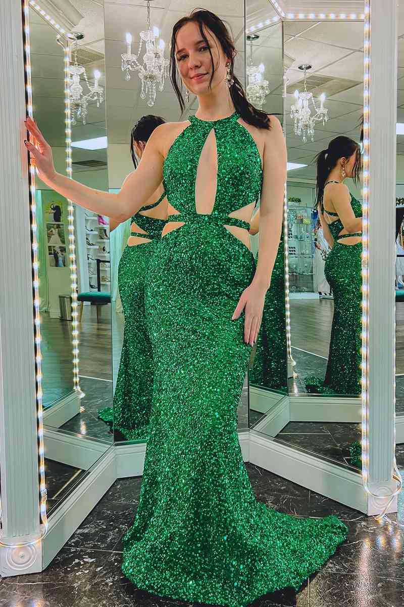 Side Cut-Out Green Sequins Mermaid Long Prom Dress