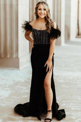 Side Slit Royal Blue Feathered Shoulder Beaded Long Prom Gown