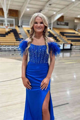 Side Slit Royal Blue Feathered Shoulder Beaded Long Prom Gown