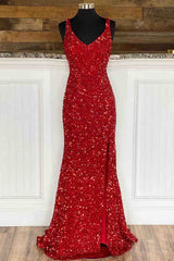 Side Slit V-Neck Red Mermdaid Long Prom Gown