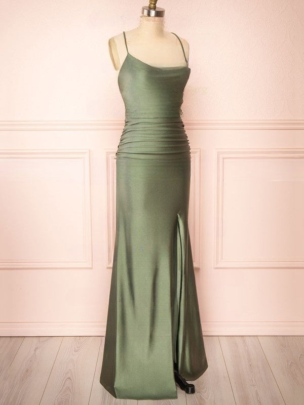 Silk-like Satin Floor-length Ruffles Bridesmaid Dress in Sheath/Column Scoop Neck Style